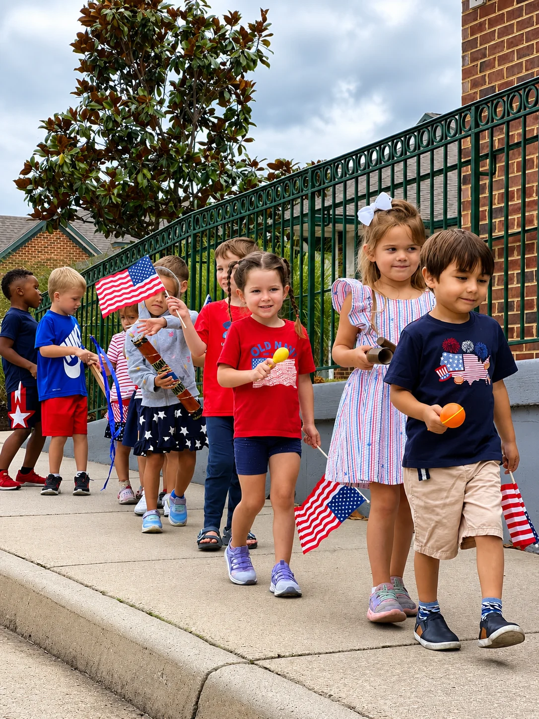 A line of young children walking outdoors along a sidewalk next to a green fence, carrying American flags, shakers, and handmade instruments.